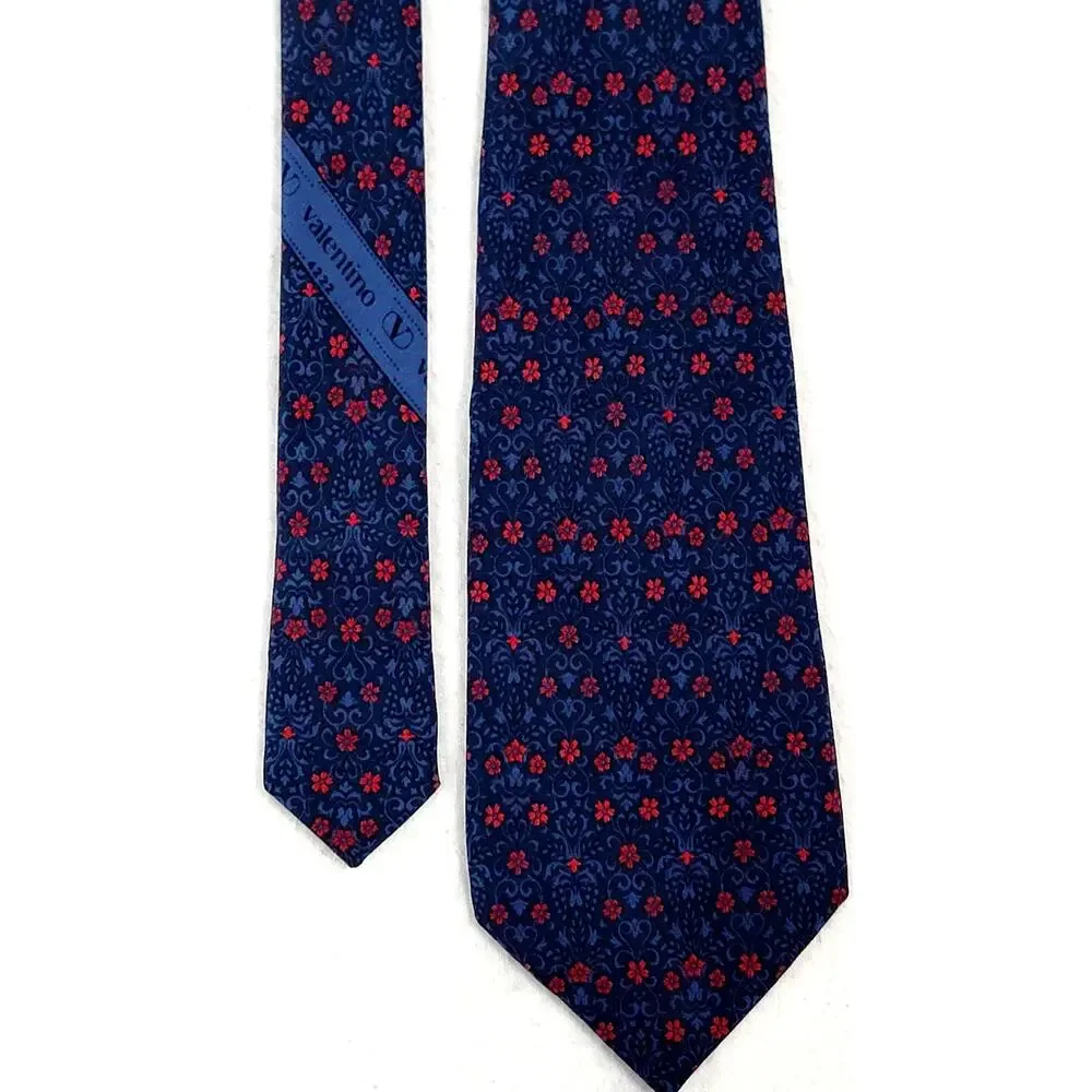 Vintage Valentino Cravatte Silk Tie Blue Red Floral Made in Italy Designer